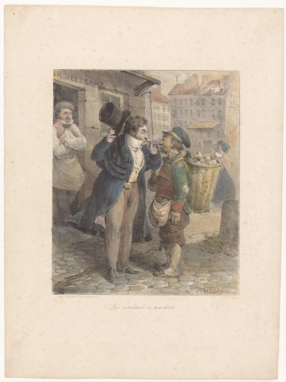 Gentiluomo ben vestito accende il suo sigaro alla pipa di un operaio in stracci (serie: Schizzi litografici) da Hippolyte Bellange