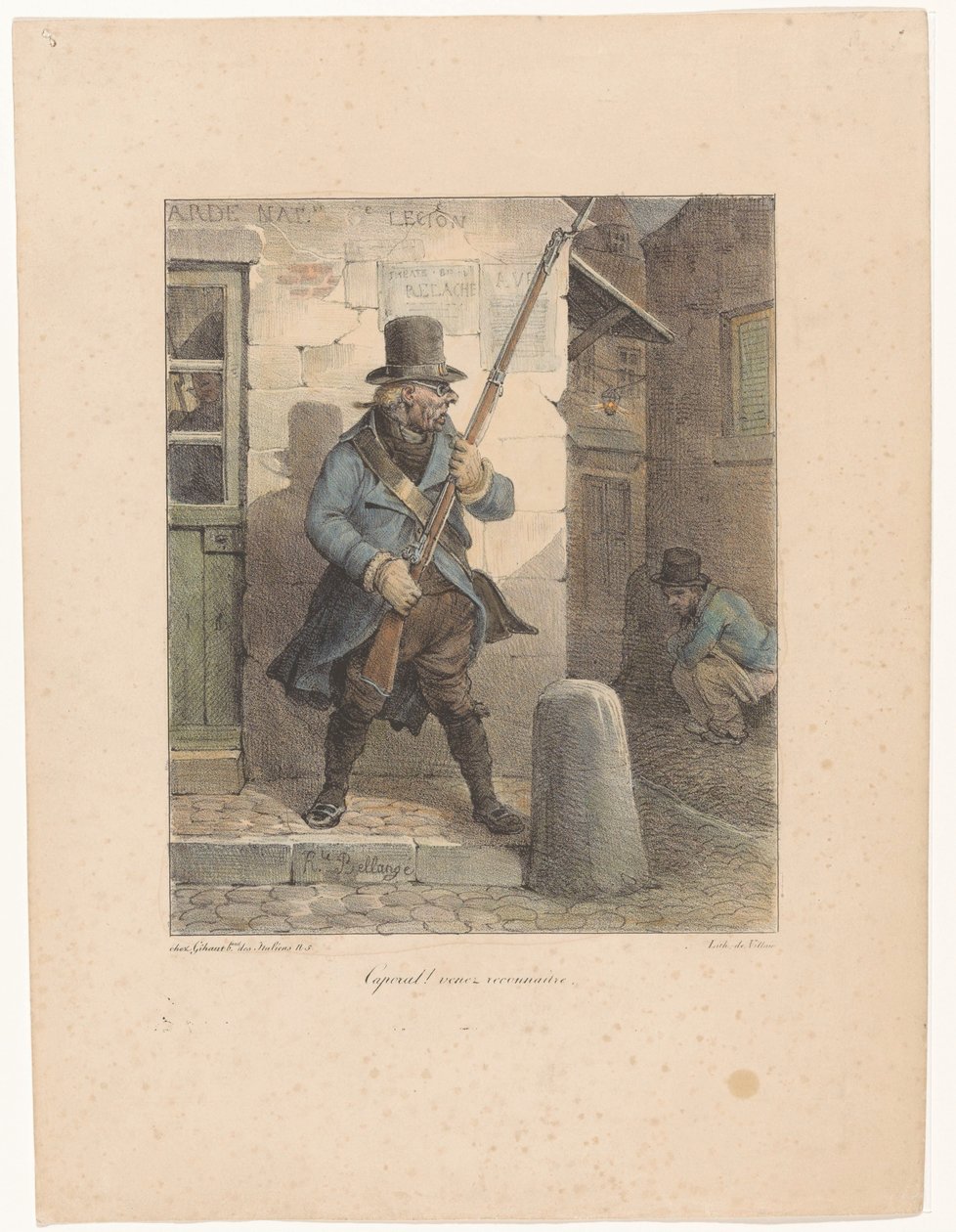 Militare chiama il caporale, che fa i suoi bisogni per strada (serie: Schizzi litografici) da Hippolyte Bellange