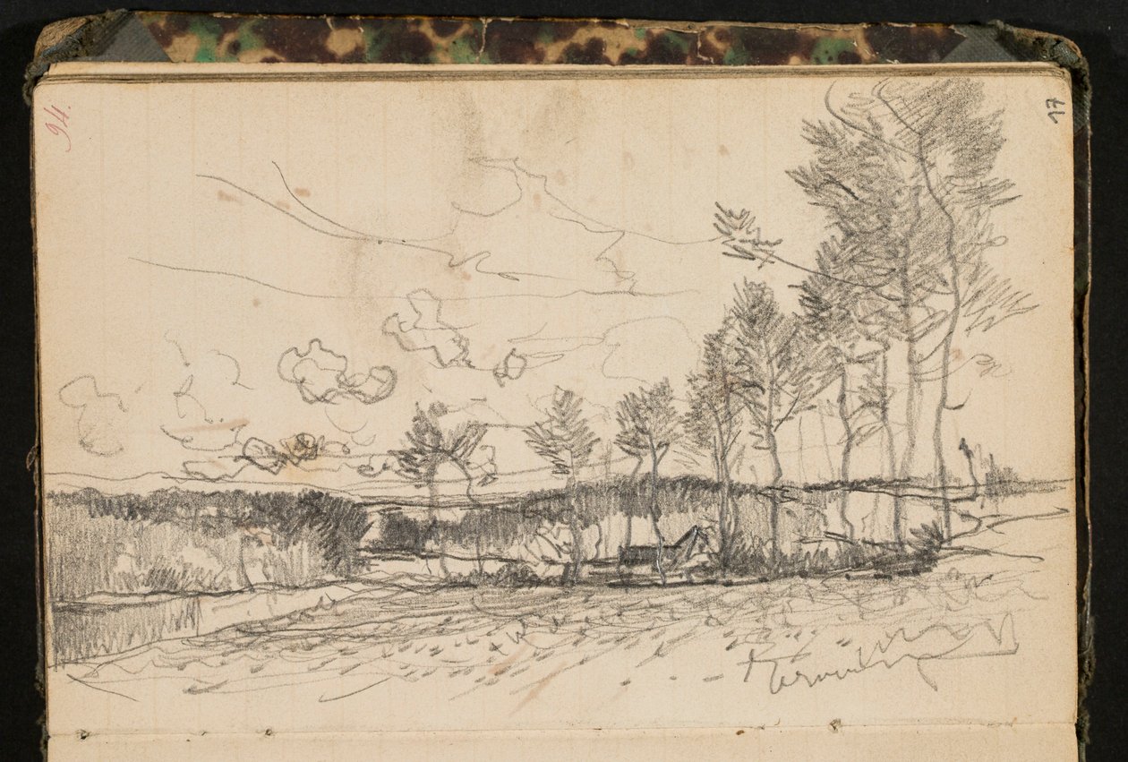 Paesaggio con alberi e una fattoria (pagina tratta da un album di schizzi) da Hippolyte Boulenger