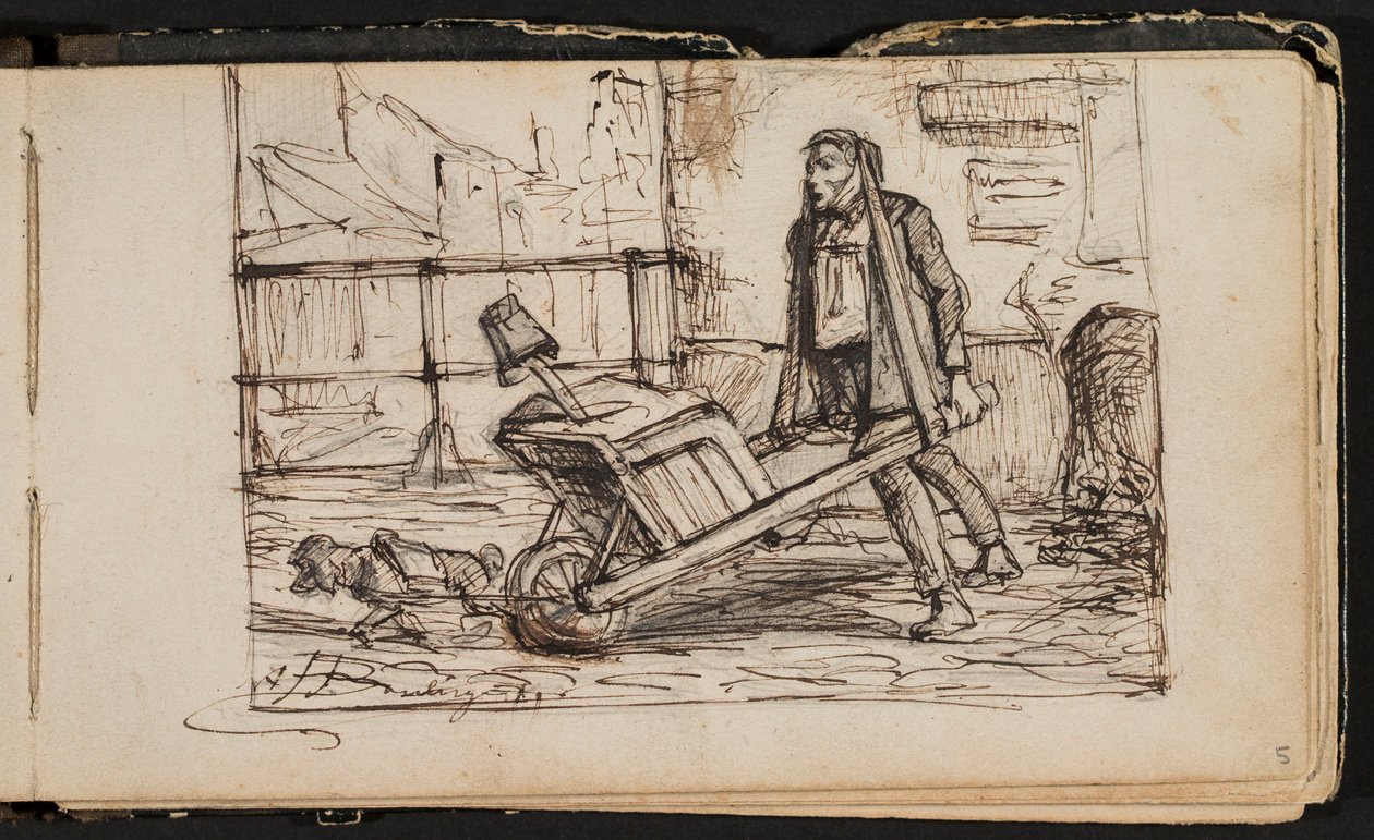 Uomo con carriola e cagnolino (pagina da un taccuino di schizzi) da Hippolyte Boulenger