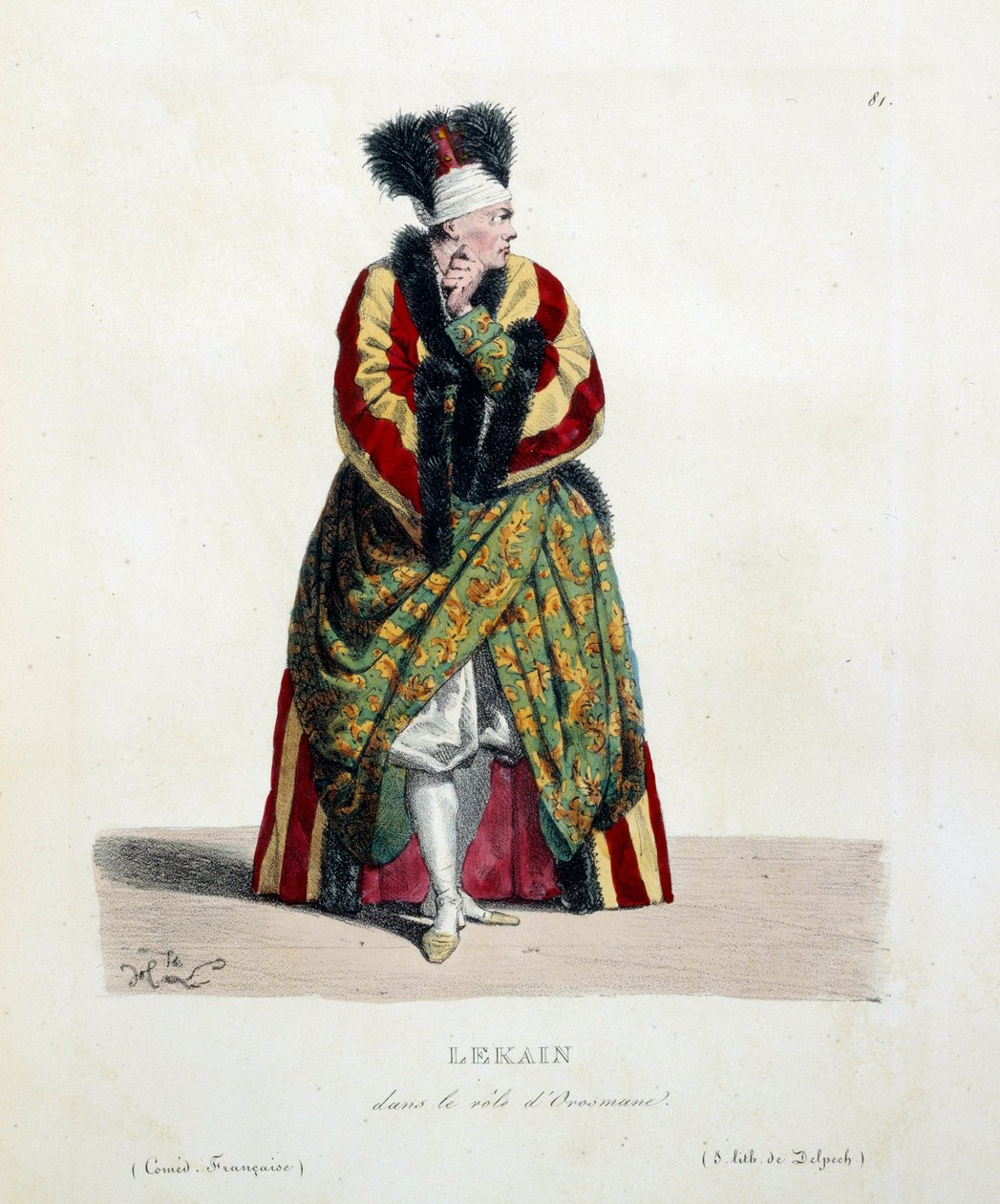 Attore francese Henri Louis Cain detto Lekain o Le Kain (1729-1778) nel ruolo di Orosmane nella commedia Zaire di Voltaire (1694-1746) alla Comédie Française. Litografia di Hippolyte Lecomte (1781-1857) XIX secolo Collezione privata da Hippolyte Lecomte