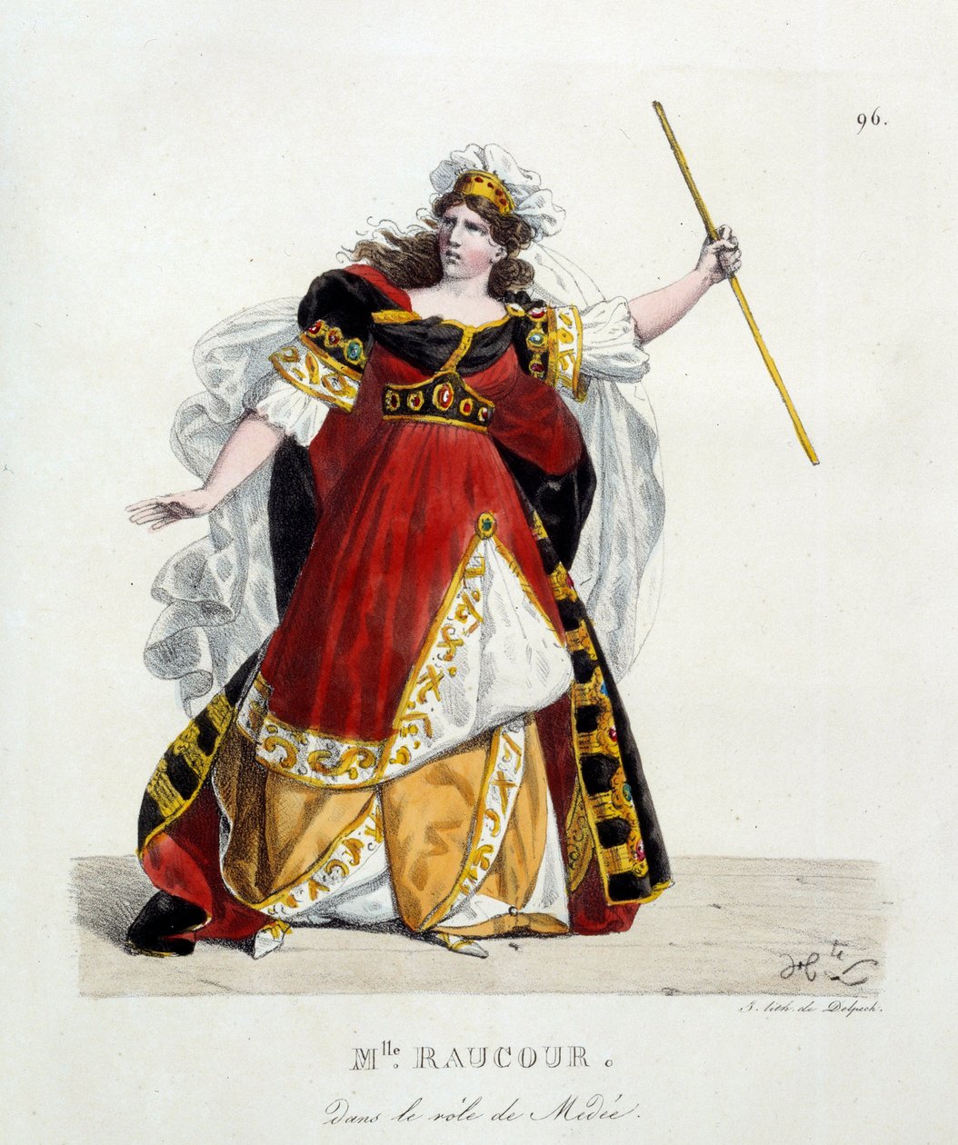 Attrice francese Mademoiselle Raucourt (morta nel 1815) nel ruolo di Medea alla Comédie-Française; Litografia di Hippolyte Lecomte (1781-1857) da Hippolyte Lecomte