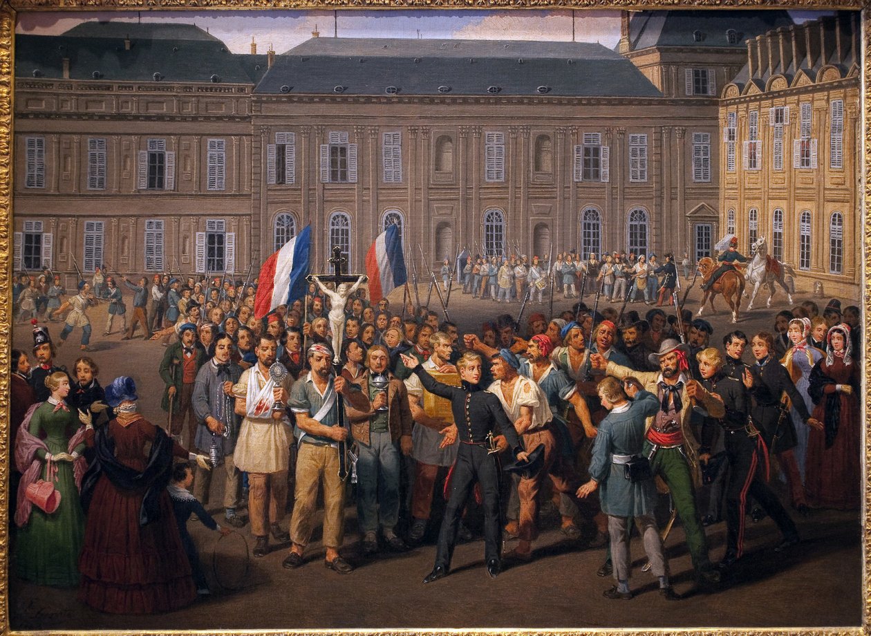 I politécnici che portano il crocifisso salvato dalla cappella delle Tuileries, durante la rivolta del 24 febbraio da Hippolyte Lecomte