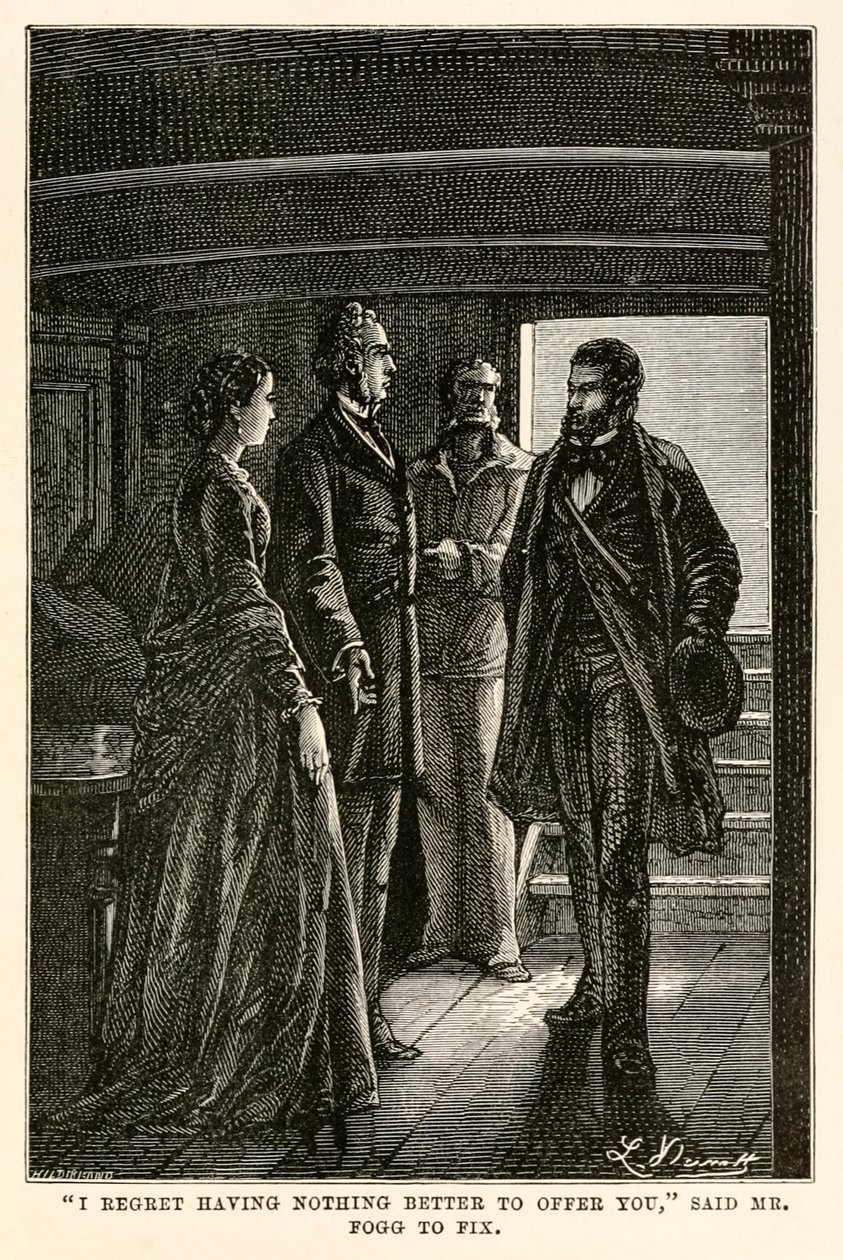 "Mi dispiace non avere nulla di meglio da offrirti", disse Mr Fogg a Fix, da Il giro del mondo in ottanta giorni di Jules Verne, inciso da Henri-Théophile Hildebrand da Hippolyte Leon (after) Benett