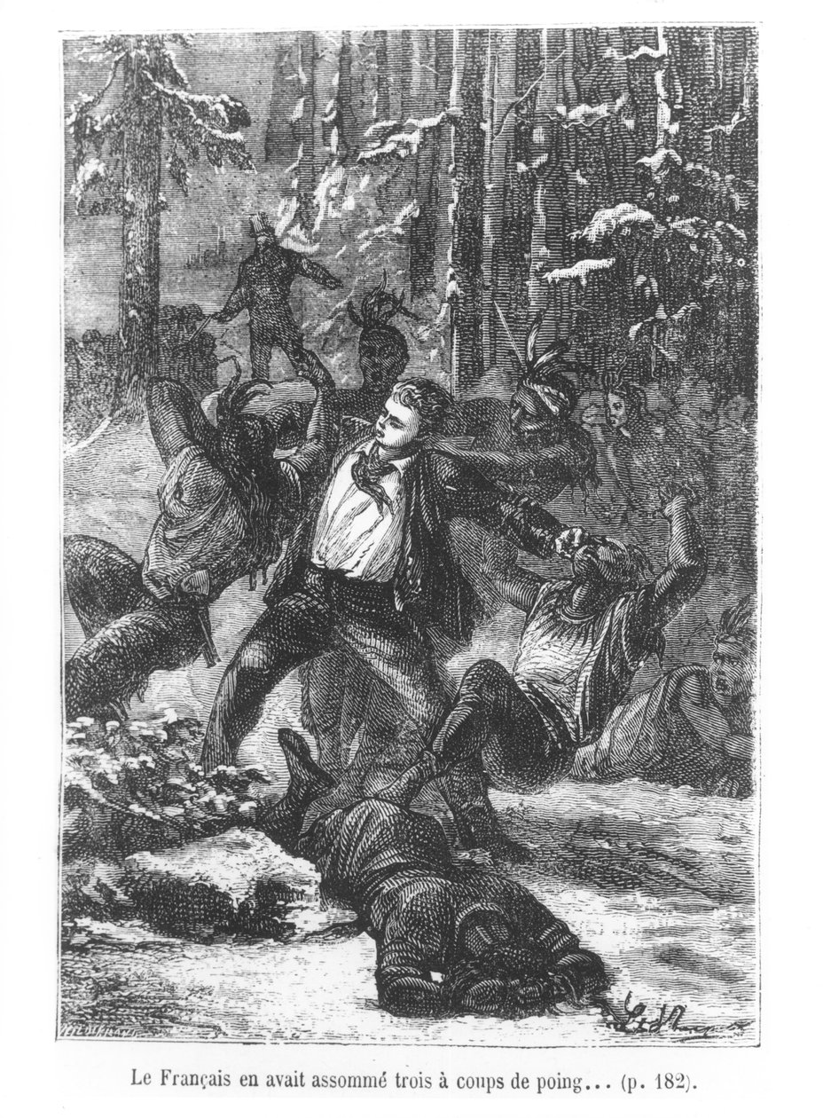 Il francese riuscì a stenderne tre con un pugno, illustrazione da Il giro del mondo in ottanta giorni di Jules Verne (1828-1905) inciso da Henri Theophile Hildibrand (1824-97) 1873 da Hippolyte Leon Benett