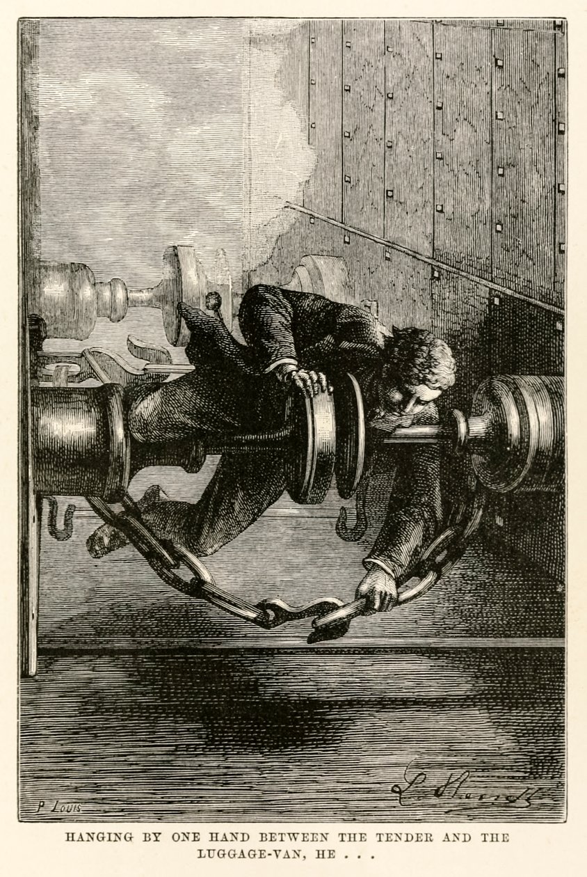 Appeso con una mano tra il tender e il vagone bagagli, lui... da Il giro del mondo in ottanta giorni di Jules Verne (1828-1905) inciso da Louis, 1873 da Hippolyte Leon after Benett