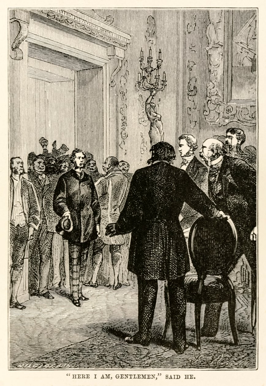 Eccomi signori, disse lui, da Il giro del mondo in ottanta giorni di Jules Verne (1828-1905) inciso da Henri-Théophile Hildebrand (1824-97), 1873 da Hippolyte Leon after Benett