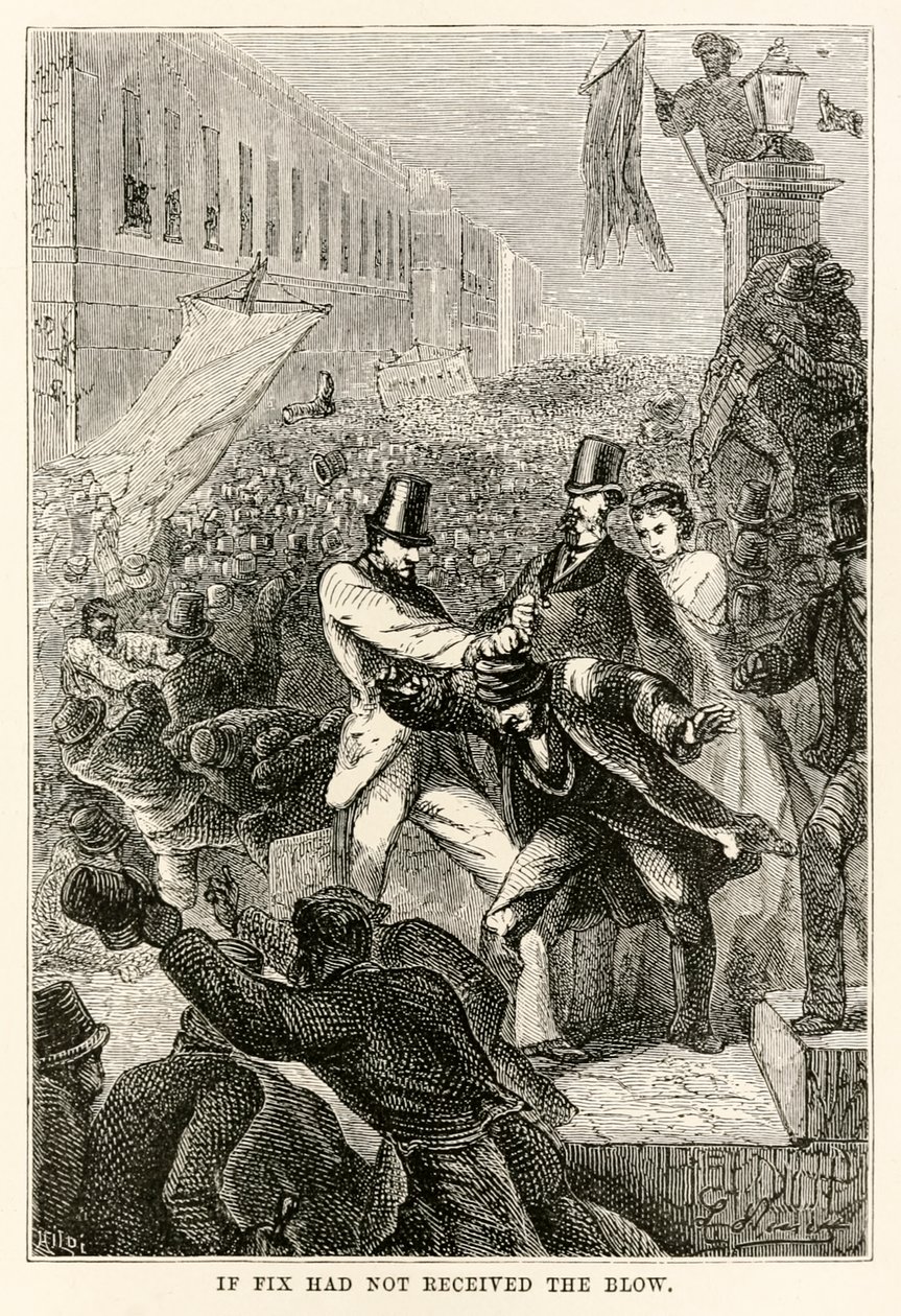 Se Fix non avesse ricevuto il colpo, da Il giro del mondo in ottanta giorni di Jules Verne (1828-1905) inciso da Henri-Théophile Hildebrand (1824-97), 1873 da Hippolyte Leon after Benett