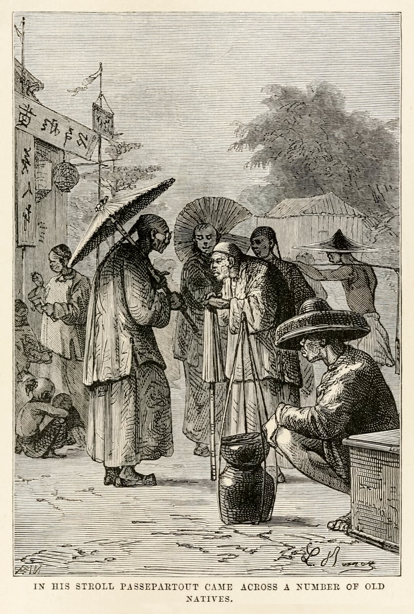 Durante la sua passeggiata Passepartout incontrò un certo numero di vecchi nativi, da Il giro del mondo in ottanta giorni di Jules Verne (1828-1905) inciso da Adolphe François Pannemaker (1822-1900), 1873 da Hippolyte Leon after Benett