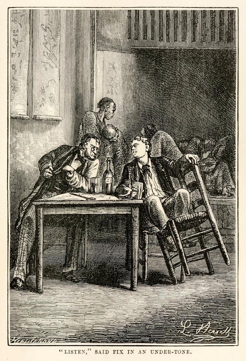 Ascolta, disse Fix a bassa voce, da Il giro del mondo in ottanta giorni di Jules Verne (1828-1905) inciso da Henri-Théophile Hildebrand (1824-97), 1873 da Hippolyte Leon after Benett
