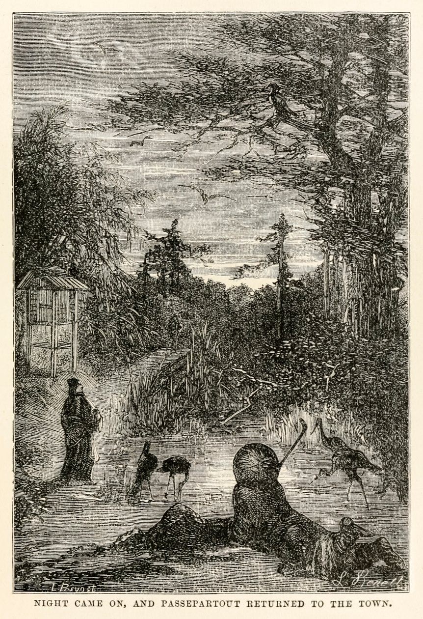 Cala la notte e Passepartout torna in città, da Il giro del mondo in ottanta giorni di Jules Verne (1828-1905) inciso da Louis Prevost, 1873 da Hippolyte Leon after Benett