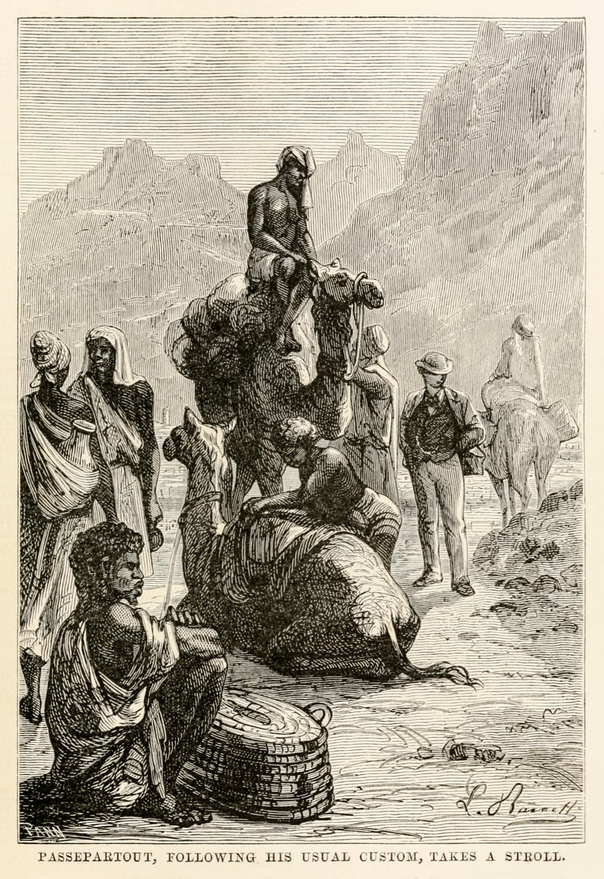 Passepartout, seguendo la sua solita abitudine, fa una passeggiata, da Il giro del mondo in ottanta giorni di Jules Verne (1828-1905) inciso da Adolphe François Pannemaker (1822-1900), 1873 da Hippolyte Leon after Benett