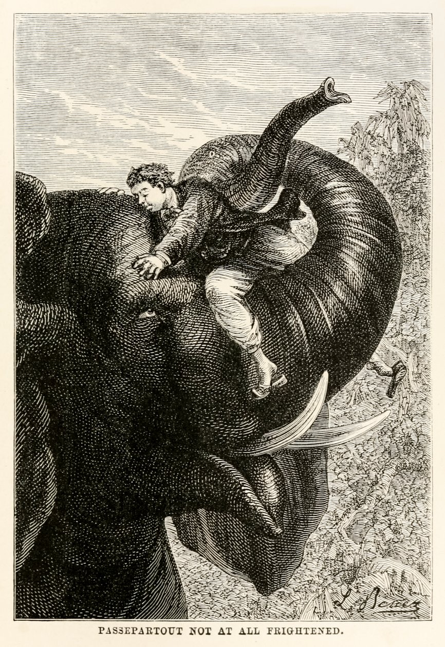 Passepartout per nulla spaventato, da Il giro del mondo in ottanta giorni di Jules Verne (1828-1905), 1873 da Hippolyte Leon after Benett