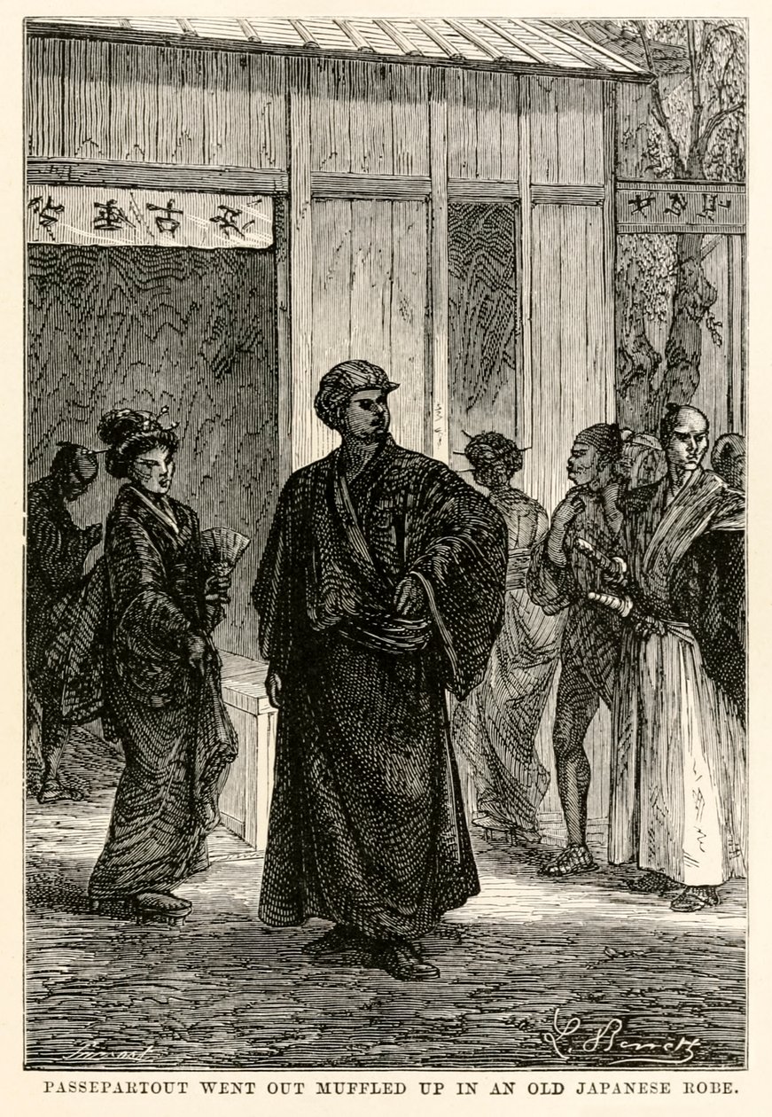 Passepartout uscì avvolto in una vecchia veste giapponese, da Il giro del mondo in ottanta giorni di Jules Verne (1828-1905) inciso da Louis Prevost, 1873 da Hippolyte Leon after Benett
