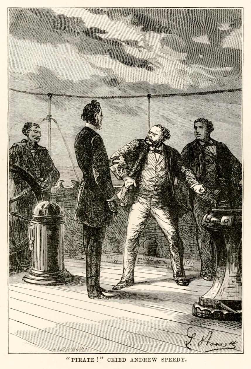 Pirata! gridò Andrew Speedy, da Il giro del mondo in ottanta giorni di Jules Verne (1828-1905) inciso da Louis Dumont (n.1822), 1873 da Hippolyte Leon after Benett