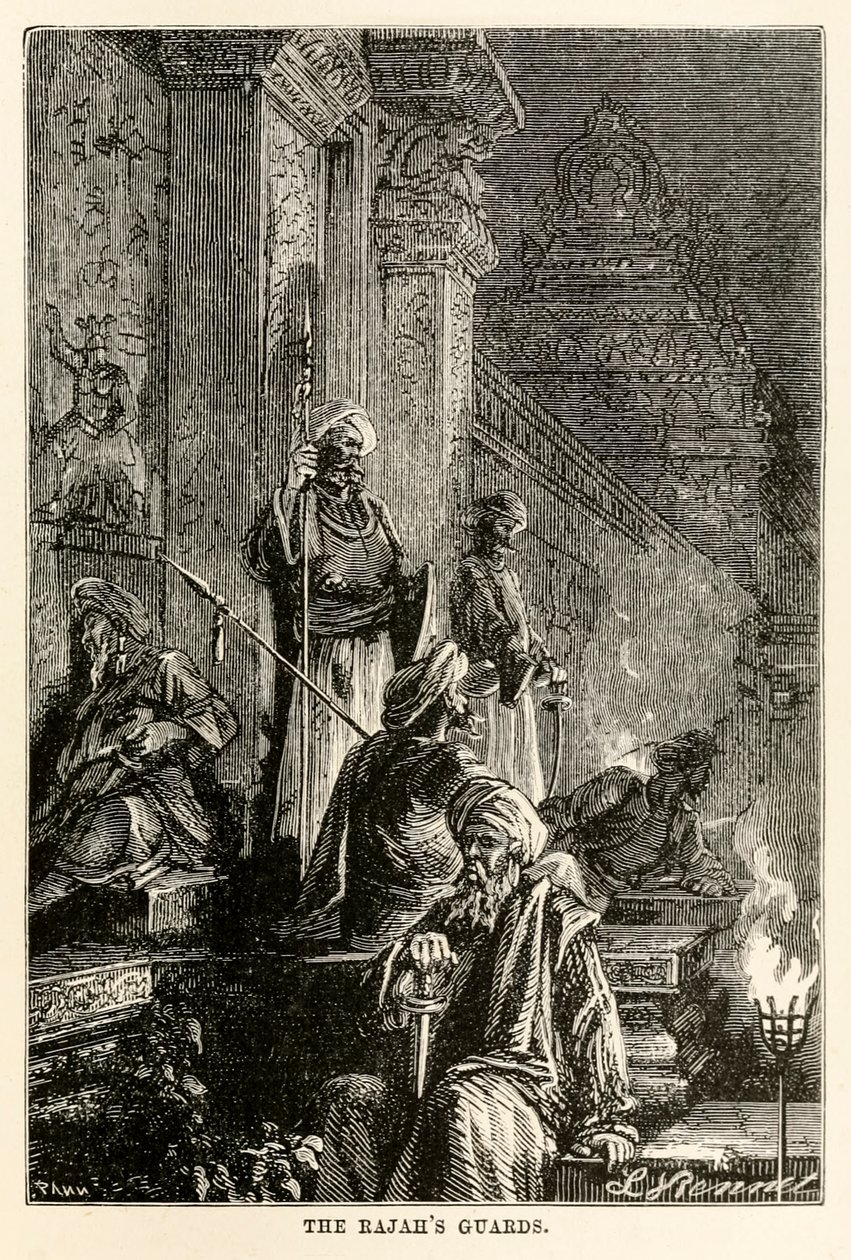 Le guardie del Rajah, da Il giro del mondo in ottanta giorni di Jules Verne (1828-1905) inciso da Adolphe François Pannemaker (1822-1900), 1873 da Hippolyte Leon after Benett