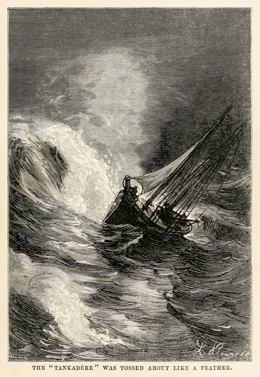 La Tankadere era sballottata come una piuma, da Il giro del mondo in ottanta giorni di Jules Verne (1828-1905) inciso da Adolphe François Pannemaker (1822-1900), 1873 da Hippolyte Leon after Benett