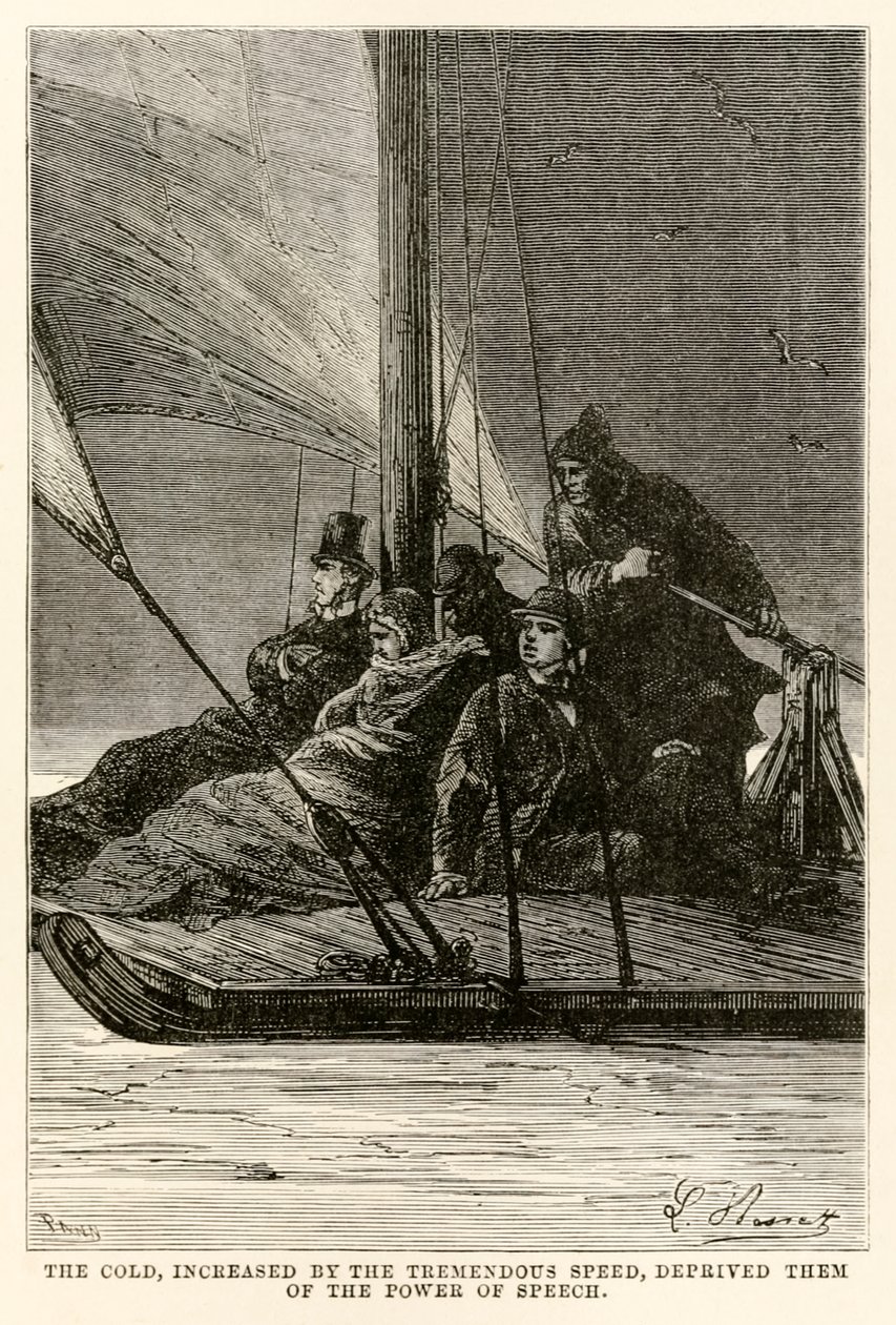 Il freddo, aumentato dalla velocità tremenda, li privò del potere della parola, da Il giro del mondo in ottanta giorni di Jules Verne (1828-1905) inciso da Adolphe François Pannemaker (1822-1900) da Hippolyte Leon after Benett