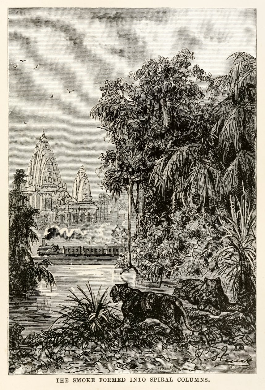 Il fumo si formava in colonne a spirale, da Il giro del mondo in ottanta giorni di Jules Verne (1828-1905), 1873 da Hippolyte Leon after Benett