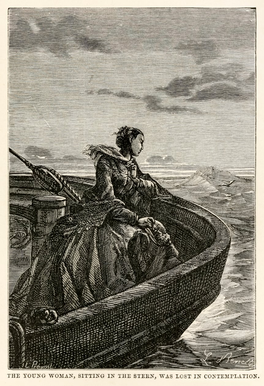 La giovane donna, seduta a poppa, era persa nella contemplazione, da Il giro del mondo in ottanta giorni di Jules Verne (1828-1905) inciso da Jean Louis Prevost, (1790-1850), 1873 da Hippolyte Leon after Benett