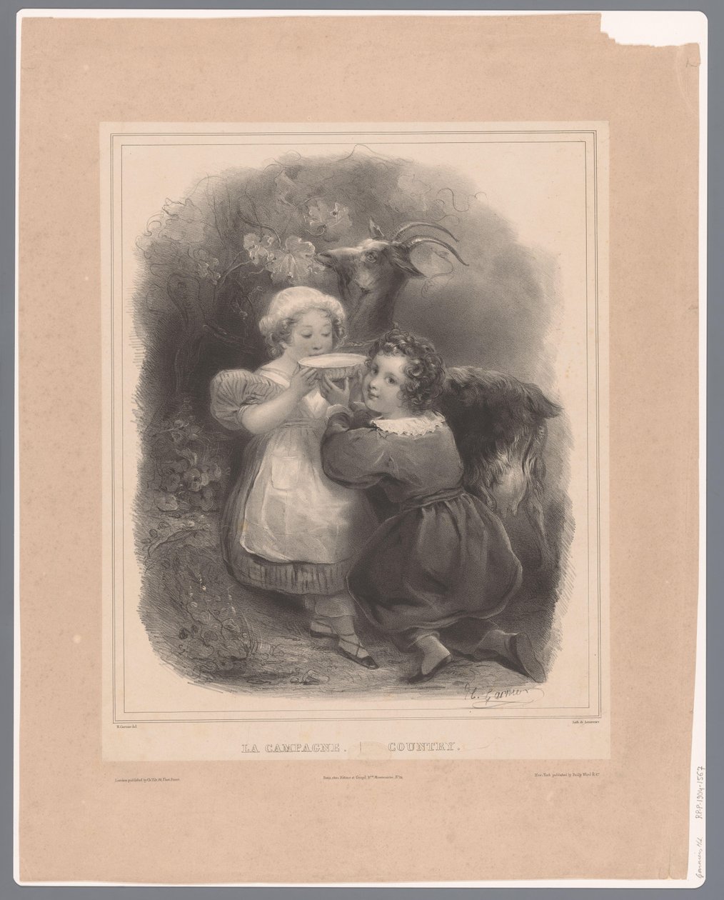 Due bambini con una capra bevono latte di capra da Hippolyte Louis Garnier