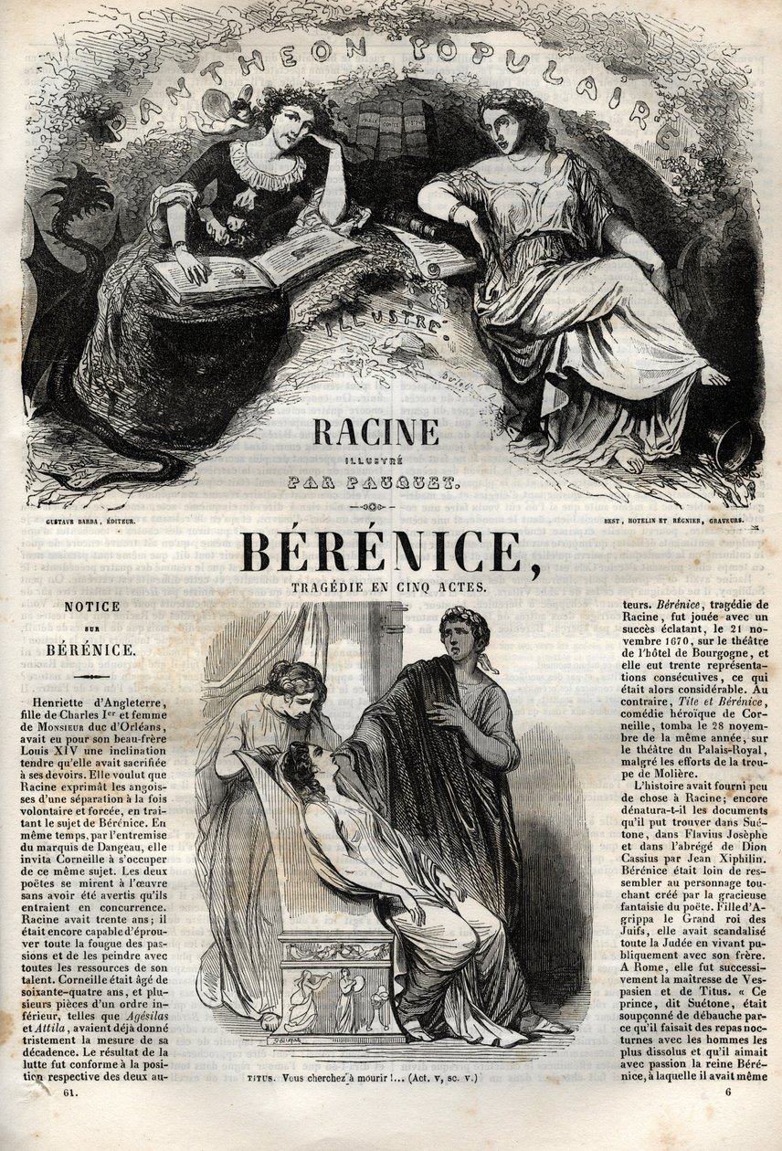 Berenice tragedia in cinque atti - incisione in "Opere di Jean Racine" illustrata da Pauquet e nota di Emile de La Bedolliere - 1851 da Hippolyte Louis Pauquet