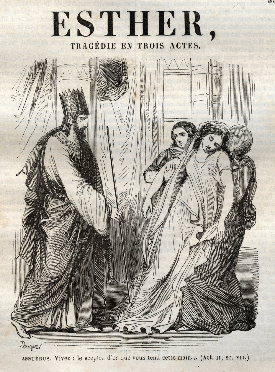 Scena da Ester, tragedia di Jean Racine - incisione in 