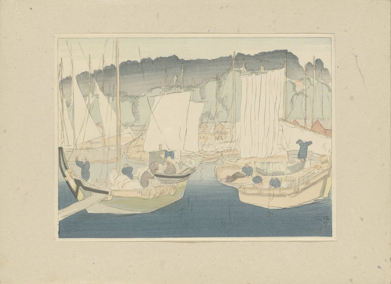 Barche nel porto di Shiogama da Hirafuku Hyakusui