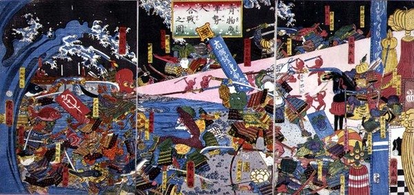 Parodia di una scena di battaglia, che raffigura la battaglia di verdure e pesci da Hirokage Utagawa