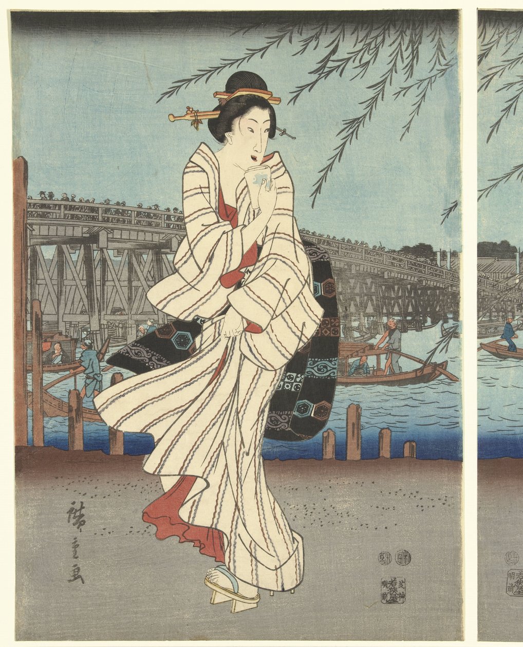 Luoghi famosi nella capitale orientale: Godendo di una brezza serale presso il ponte Ryogoku da Hiroshige (I) , Utagawa