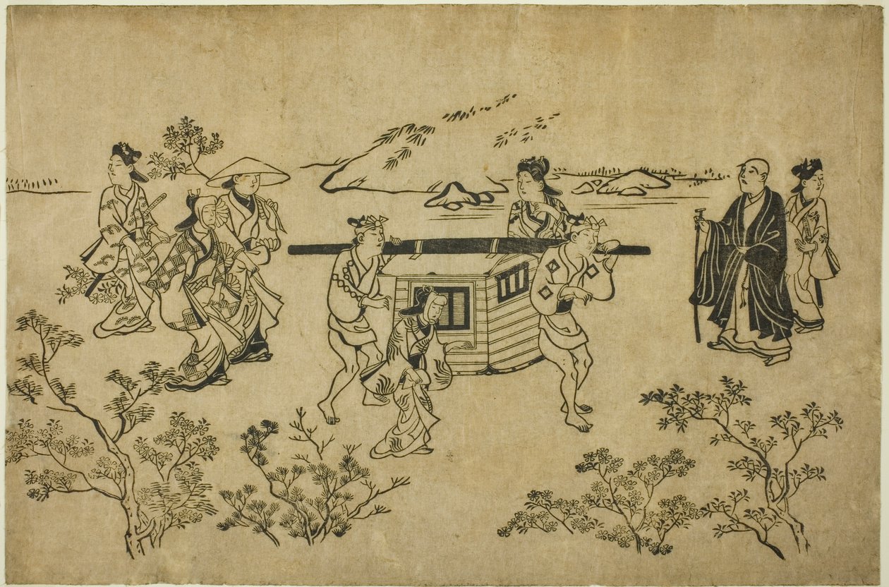 Un palanchino di passaggio, dalla serie "Scene di osservazione dei fiori a Ueno (Ueno hanami no tei)" da Hishikawa Moronobu