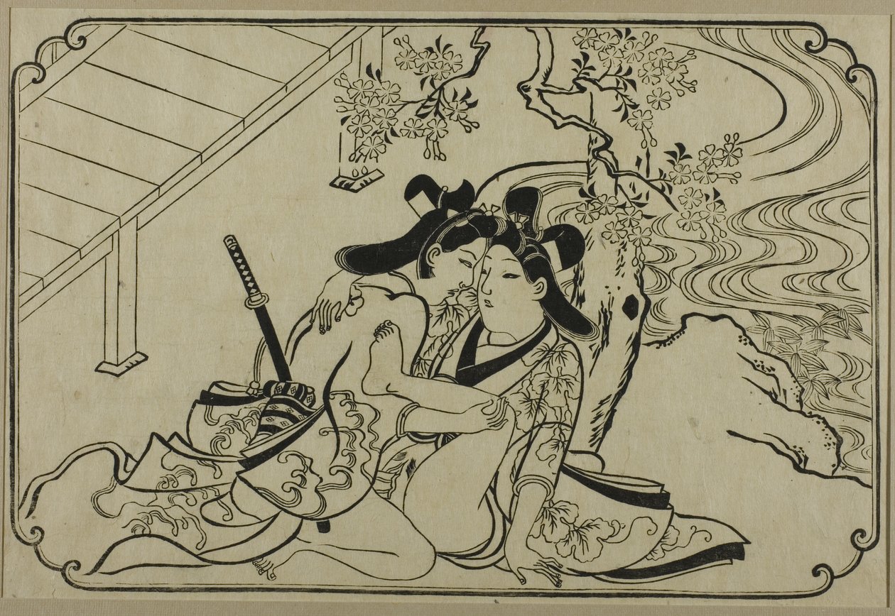 Amanti nel giardino, da una serie senza titolo di stampe erotiche da Hishikawa Moronobu