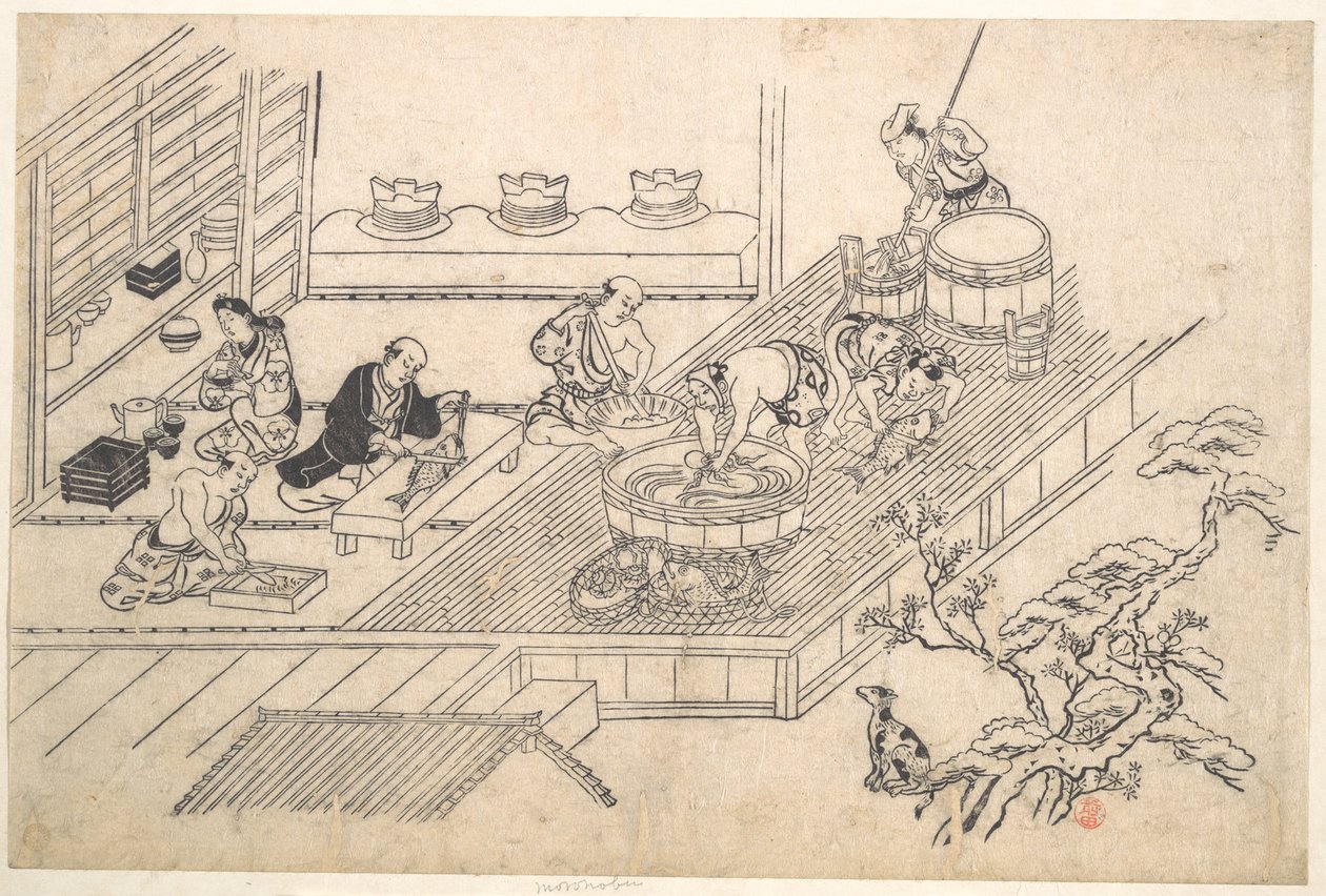 La cucina di una Joroya da Hishikawa Moronobu