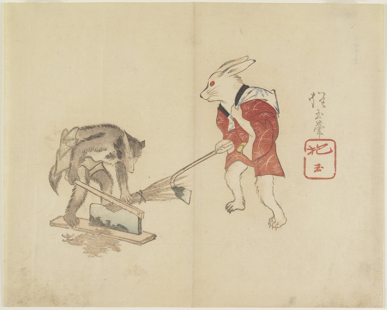 Coniglio e procione che tagliano la paglia, c. 1830 da Hogyoku