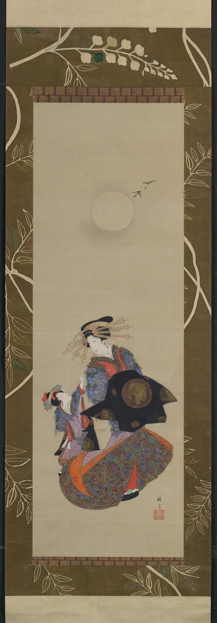 Bellezza di Yoshiwara con apprendista al chiaro di luna, XIX secolo da Hokuba