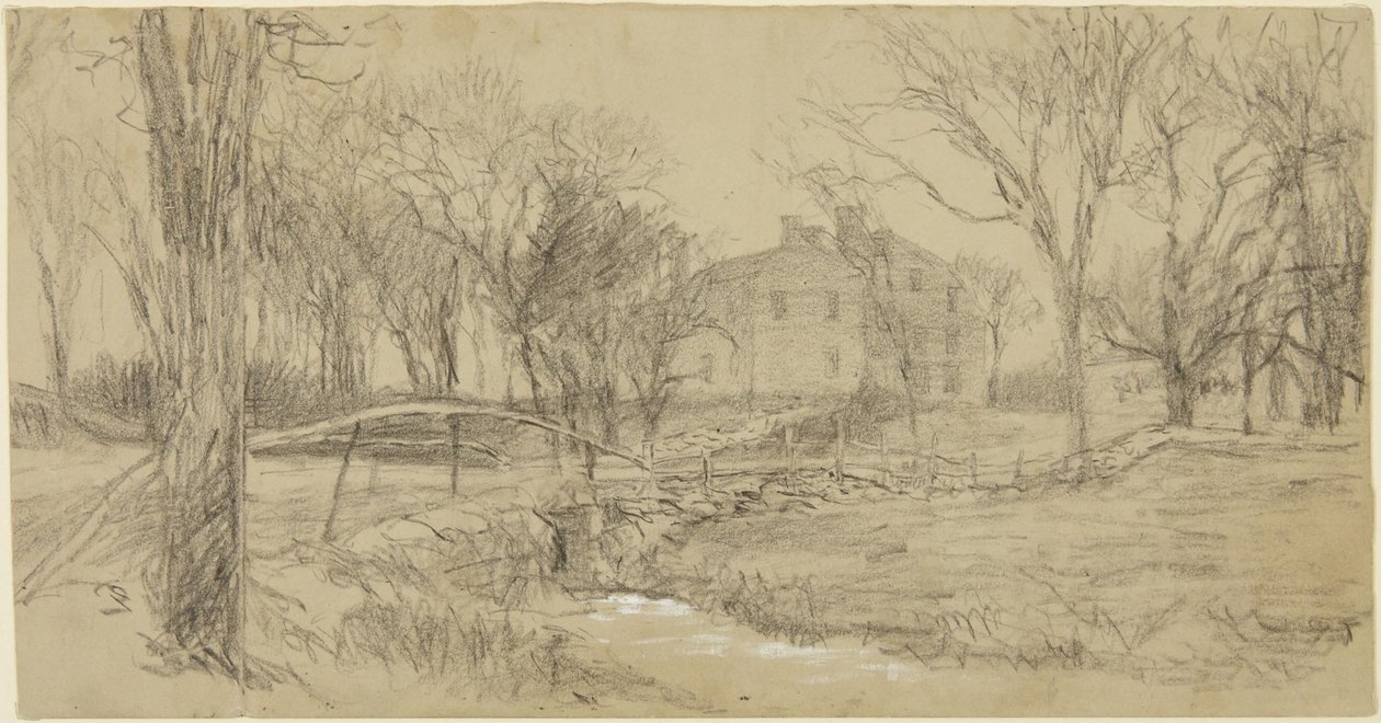 Grande casa, ruscello e ponte da Homer Dodge Martin