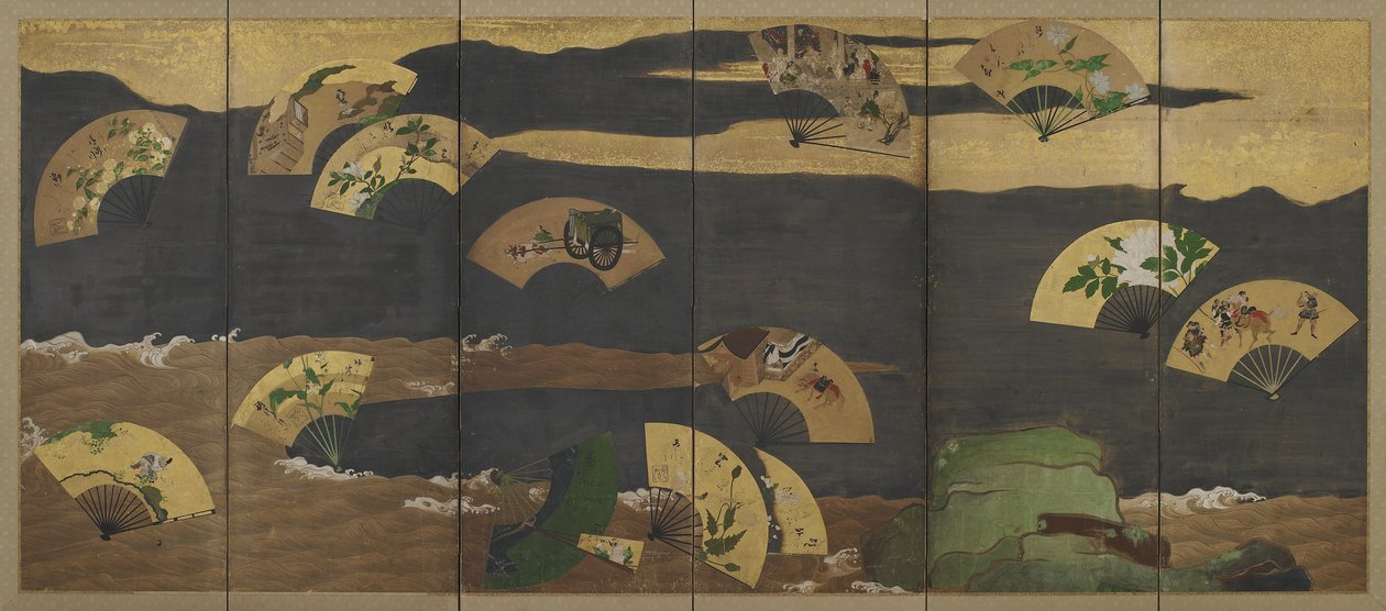 Ventagli e nuvole su rocce e acqua, periodo Edo da Hon