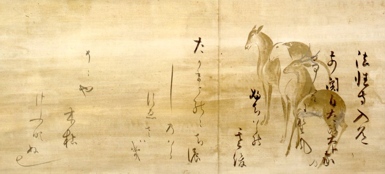 Calligrafia di poesie dallo Shinkokin-wakashu su carta decorata con cervi da Honami Koetsu
