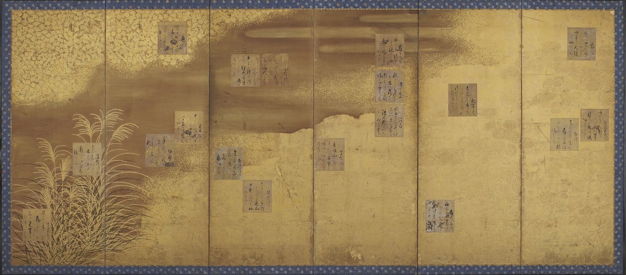 Fiori, erbe, una tenda di bambù e 18 fogli di poesie decorate e iscritte, periodo Edo da Hon