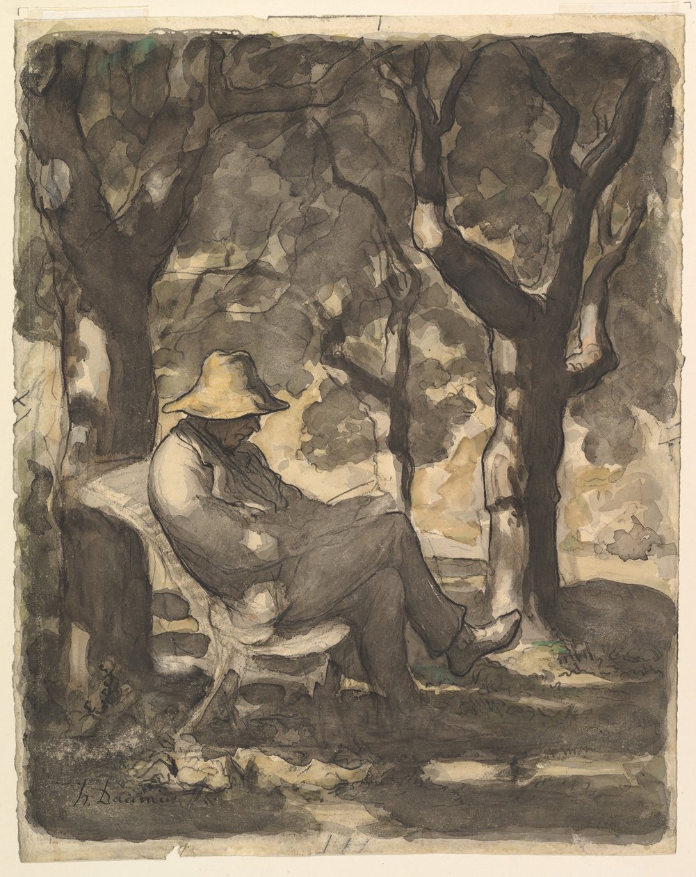 Un uomo che legge in un giardino recto, Schizzo preliminare per un uomo che legge in un giardino verso, ca. 1865 da Honoré Daumier