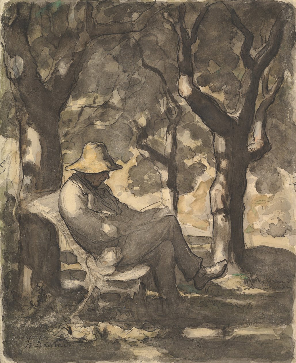 Un uomo che legge in un giardino, ca. 1865 da Honoré Daumier