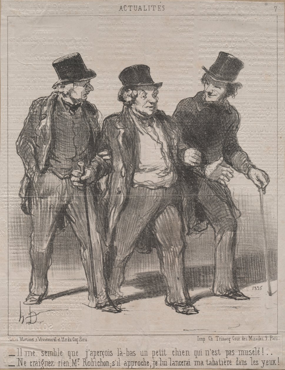 Attualità (N. 7): Mi sembra di notare un cagnolino lì che non è museruolato!...Non ci pensi, signor Rohichon; se si avvicina, gli getterò la mia tabacchiera negli occhi! da Honoré Daumier