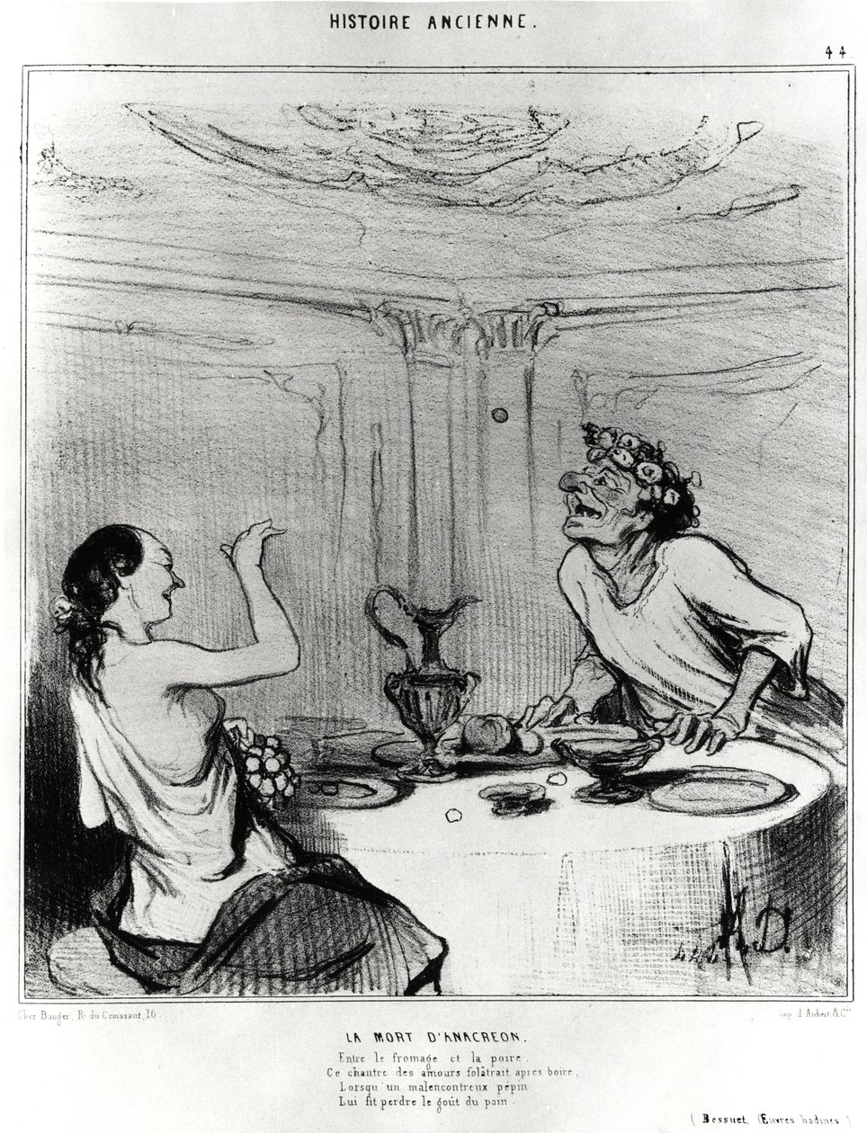 Storia antica: la morte di Anacreonte, caricatura per illustrare un estratto dalle opere badine di Jacques-Benigne Bossuet: 