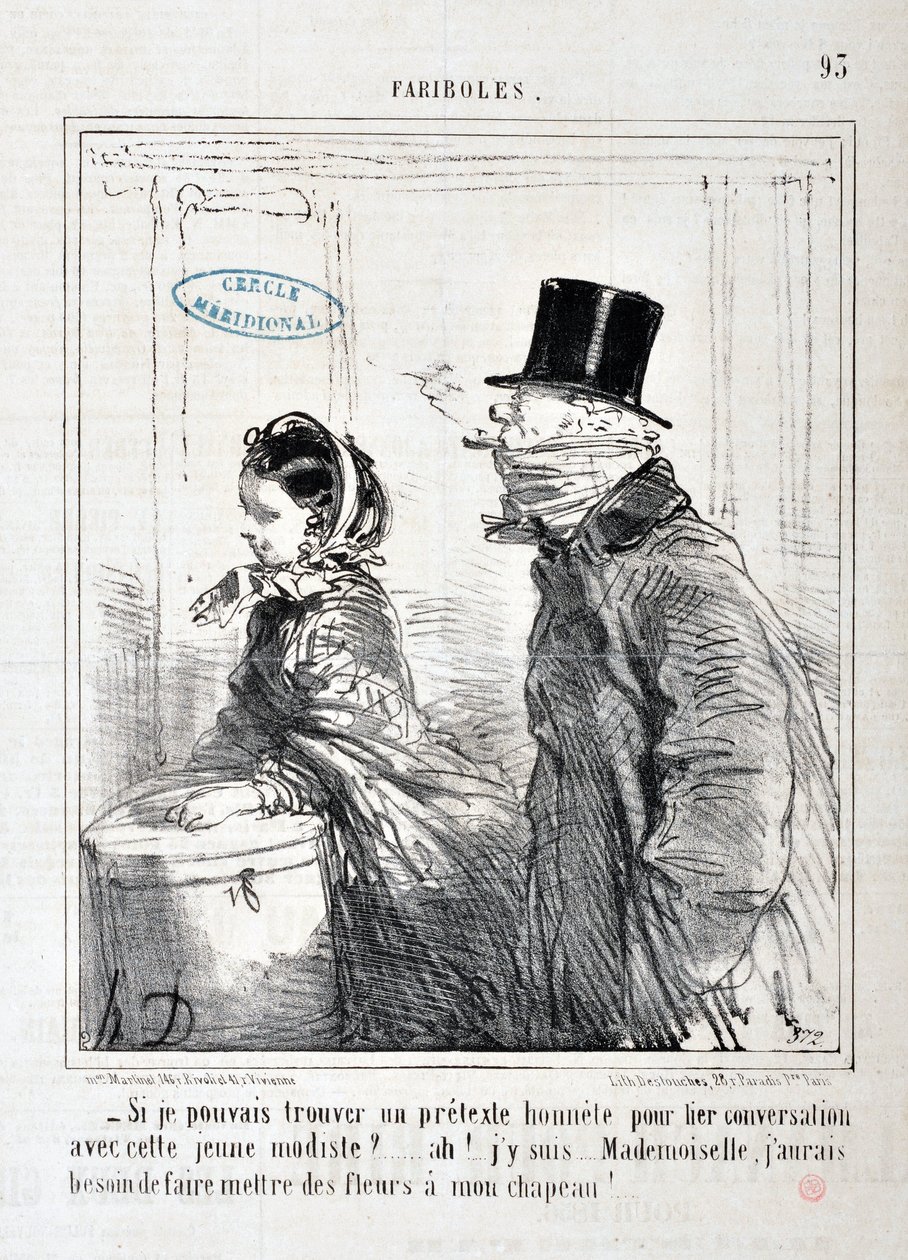 Serie FARIBOLES "-Se potessi trovare un pretesto onesto per legare conversazione con questo giovane modello?... Ah! ci sono... signorina, ho bisogno di mettere fiori sul mio cappello!". MUSEE DES BEAUX ARTS - PALAIS LONGCHAMP, MARSEILLE da Honoré Daumier