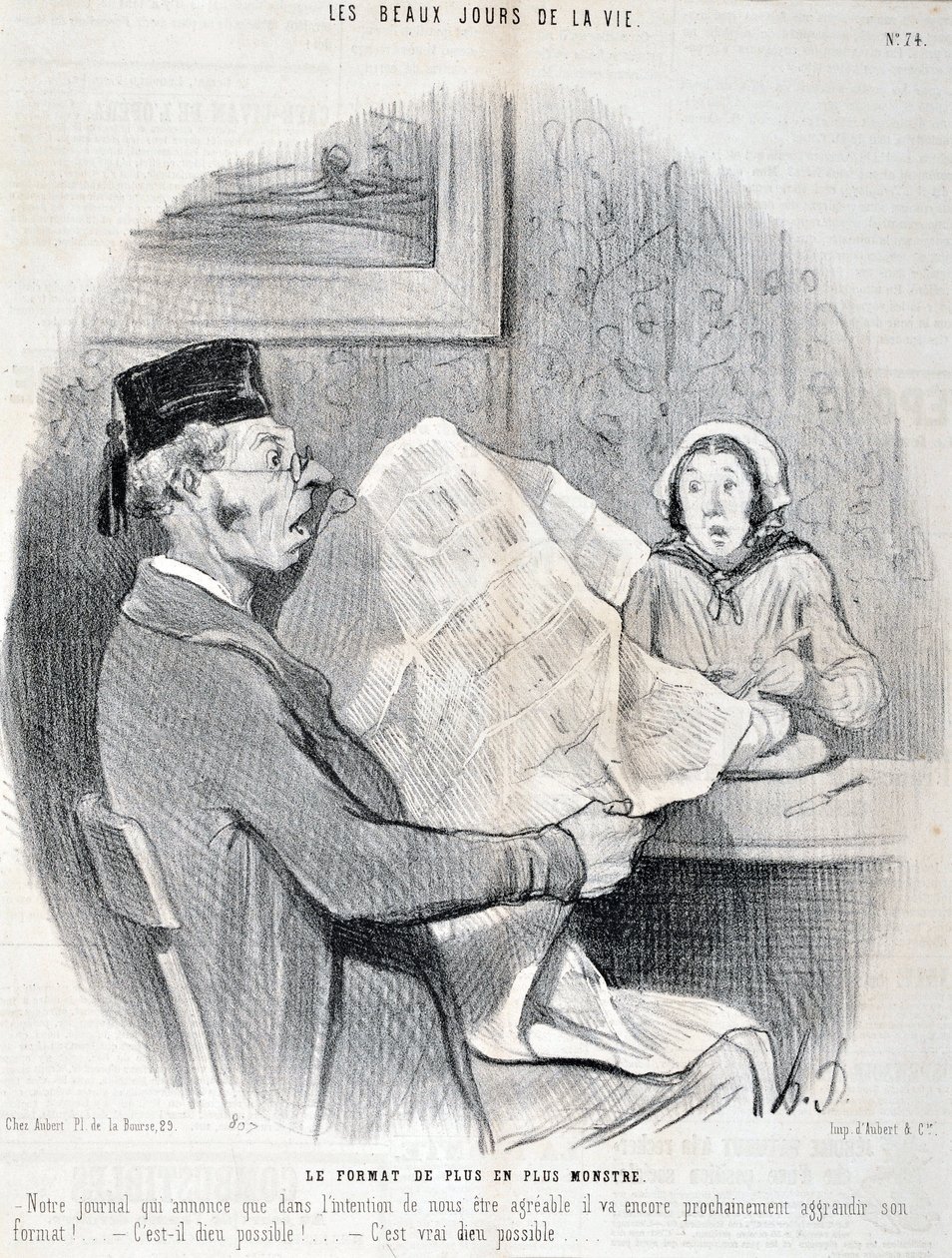 Opera di Honore Daumier (1808-1879) Charivari: Serie I GIORNI BELLI DELLA VITA. Il formato sempre più mostruoso "-Il nostro giornale annuncia che per essere gradito a voi aumenterà ulteriormente il suo formato! è possibile dio? MUSEO DELLE B da Honoré Daumier