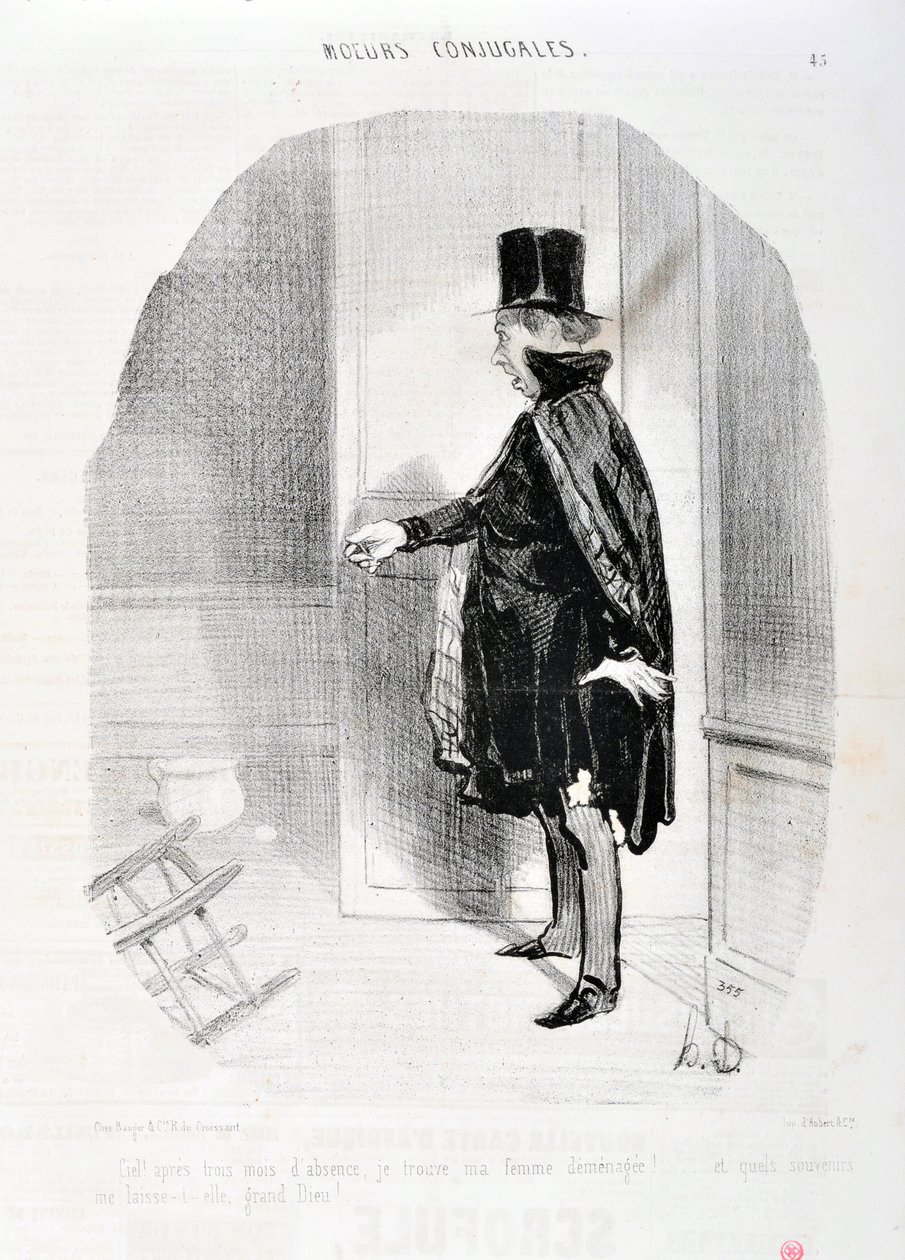 Opera di Honoré Daumier (1808-1879). Charivari del 1842: Serie MORES CONJUALES Cielo dopo tre mesi di assenza trovo mia moglie traslocata e che ricordi la lavo grande Dio! MUSEO DELLE BELLE ARTI - PALAZZO LONGCHAMP, MARSIGLIA da Honoré Daumier