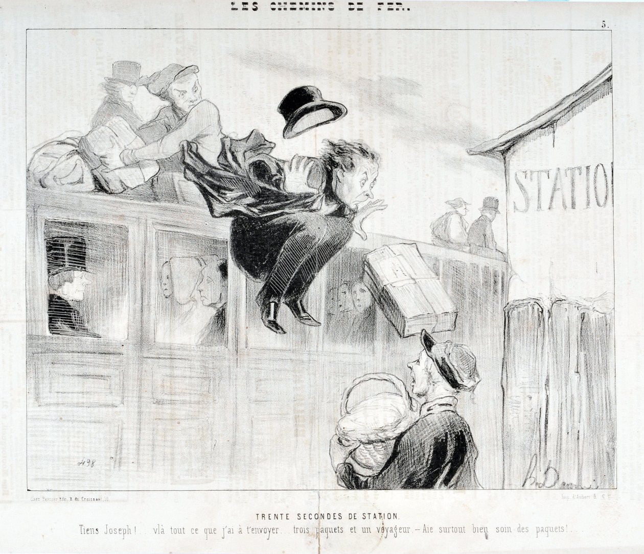Opera di Honoré Daumier (1808-1879). Charivari del 1843: Serie LES Chemins de fer Trenta secondi di stazione "-Tiens Joseph! vla tutto quello che devo mandarti... tre pacchi e un viaggiatore - Soprattutto cura dei pacchi" MUSEE DES BEAUX ART da Honoré Daumier