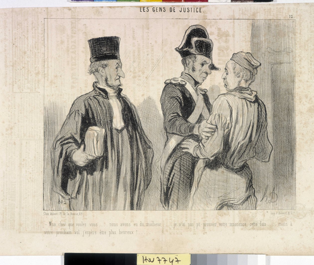Opera di Honore Daumier (1808-1879) Charivari del 1845: Serie LES PEANS DE JUSTICE. "-Mio caro cosa vuoi... abbiamo avuto sfortuna... non ho potuto provare la tua innocenza questa volta... ma al tuo prossimo volo spero di essere più fortunato." estratto da da Honoré Daumier