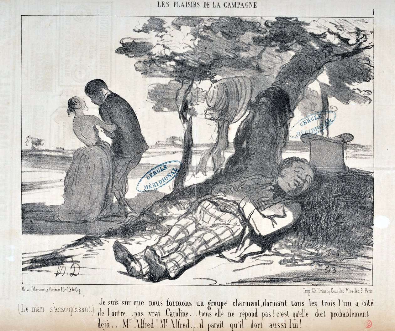 Opera di Honore Daumier (1808-1879) Charivari del 1853: Serie LES PLAISIRS DE LA CAMPAGNE "Sono sicuro che formiamo un gruppo affascinante, tutti e tre uno accanto all