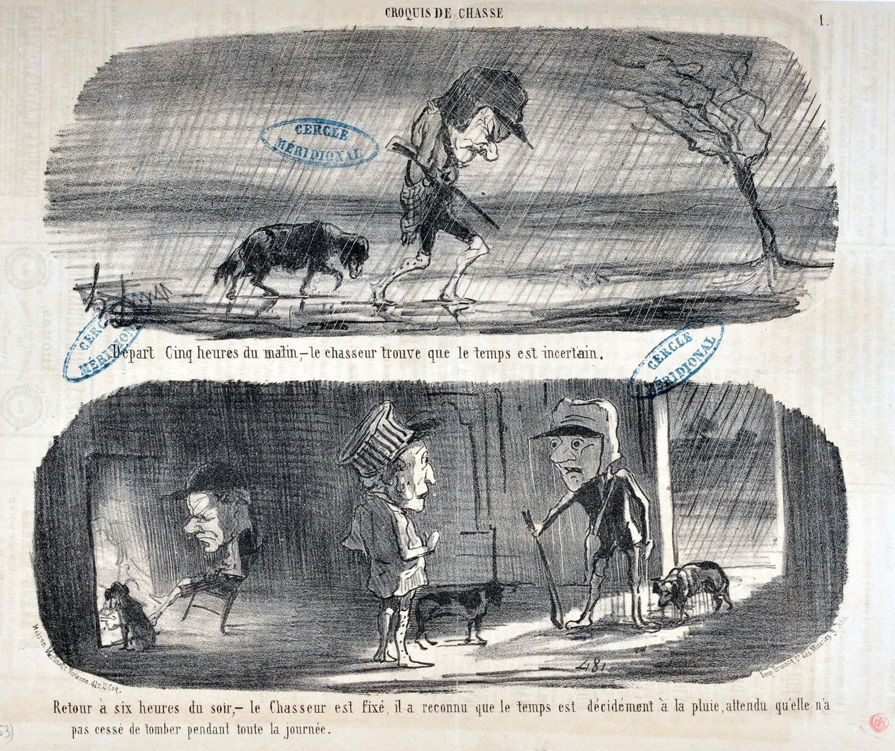 Opera di Honore Daumier (1808-1879) Charivari del 1853: Serie Sketches de Chasse - Partenza alle cinque del mattino, - il cacciatore trova che il tempo è incerto - Ritorno alle sei di sera, - il cacciatore è sicuro, ha riconosciuto che da Honoré Daumier